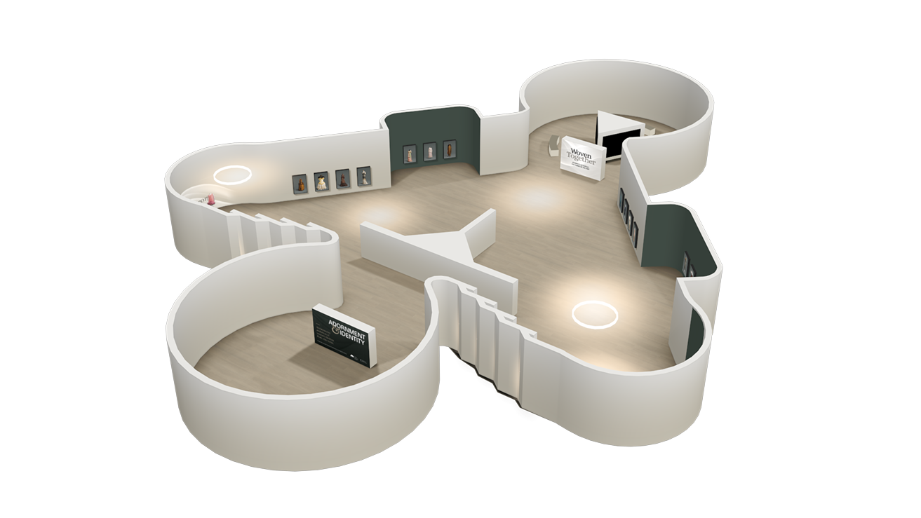 Rendu 3D de l’espace muséal virtuel de l’Expérience immersive : œuvres exposées sur les murs et dans les alcôves, trois entrées vers les expositions détaillées.