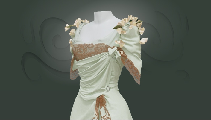 Le dos d'une robe de soirée haute couture composée d'une jupe vert menthe et d'un corsage réalisé à partir de quatre types de soie de la même couleur, avec des décorations de surface en dentelle de coton et en fleurs de liseron.