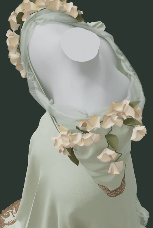 Vue de dessus d’une représentation en 3D de la robe Worth, montrant son encolure ornée de dentelle de coton et de fleurs de liseron.