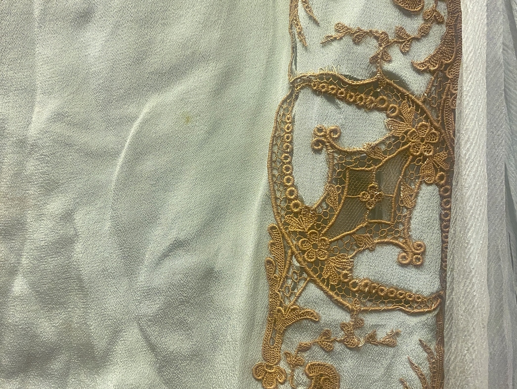 Un détail de la dentelle révèle un motif complexe qui se répète.