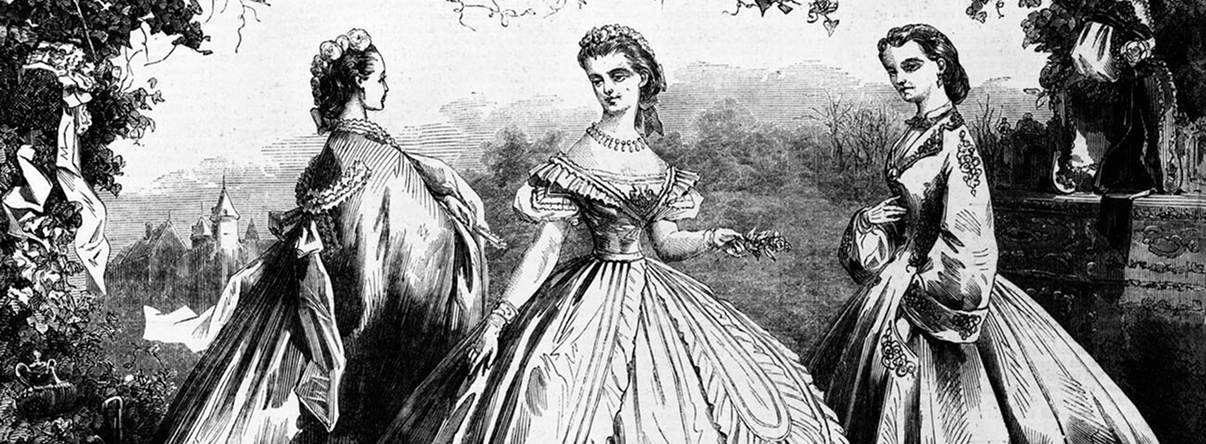 Illustration de trois femmes en costume victorien, avec un village en arrière-plan.