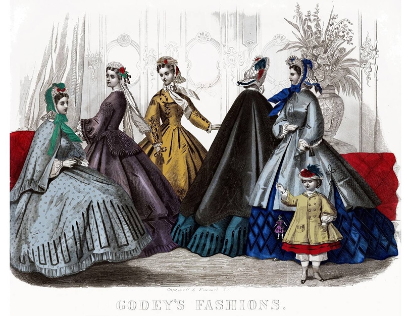 Une illustration du magazine de mode Godey’s montre un groupe de femmes et un enfant en costume victorien.