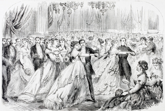 Illustration d’hommes et de femmes dansant dans une somptueuse salle de bal.