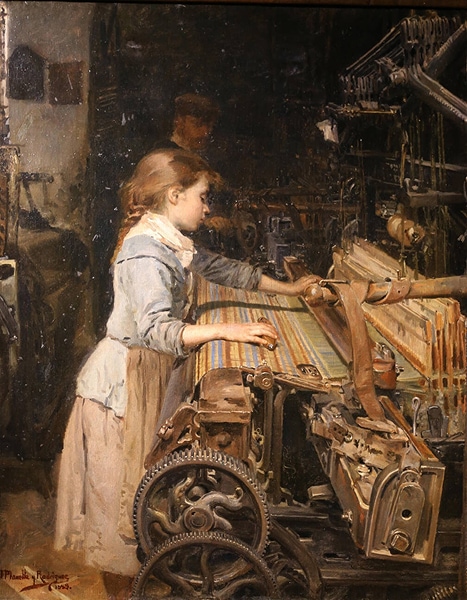 Peinture à l’huile représentant une jeune fille espagnole travaillant sur un métier à tisser.