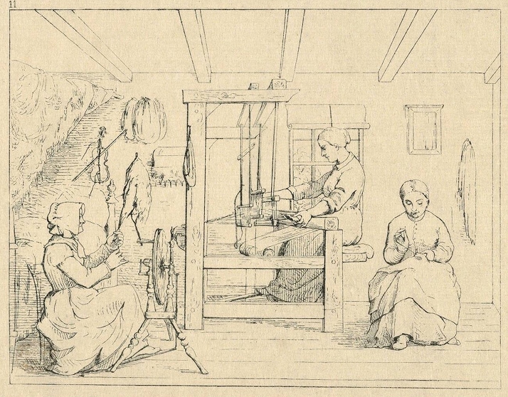 Une gravure représentant des femmes filant et tissant du coton pendant la guerre civile.